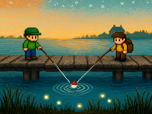 Attached to this memory: two figures fishing from a dock at dusk.